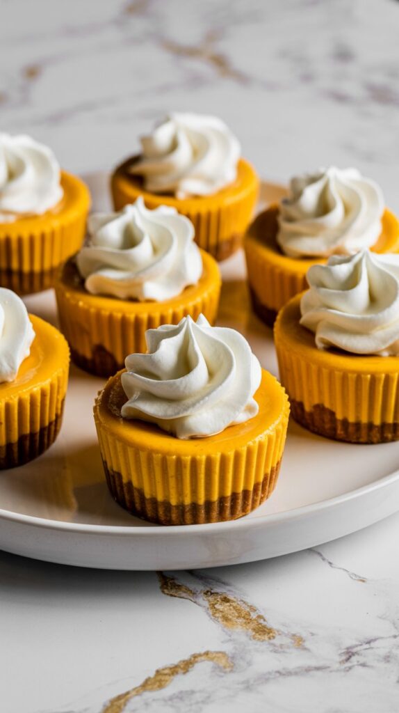 A white plate holding several mini pumpkin cheesecakes with gingersnap crusts, topped with dollops of whipped cream.