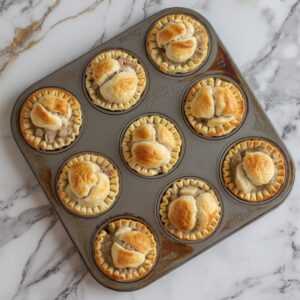 Mini turkey pot pies baked golden brown in muffin tin with visible filling.