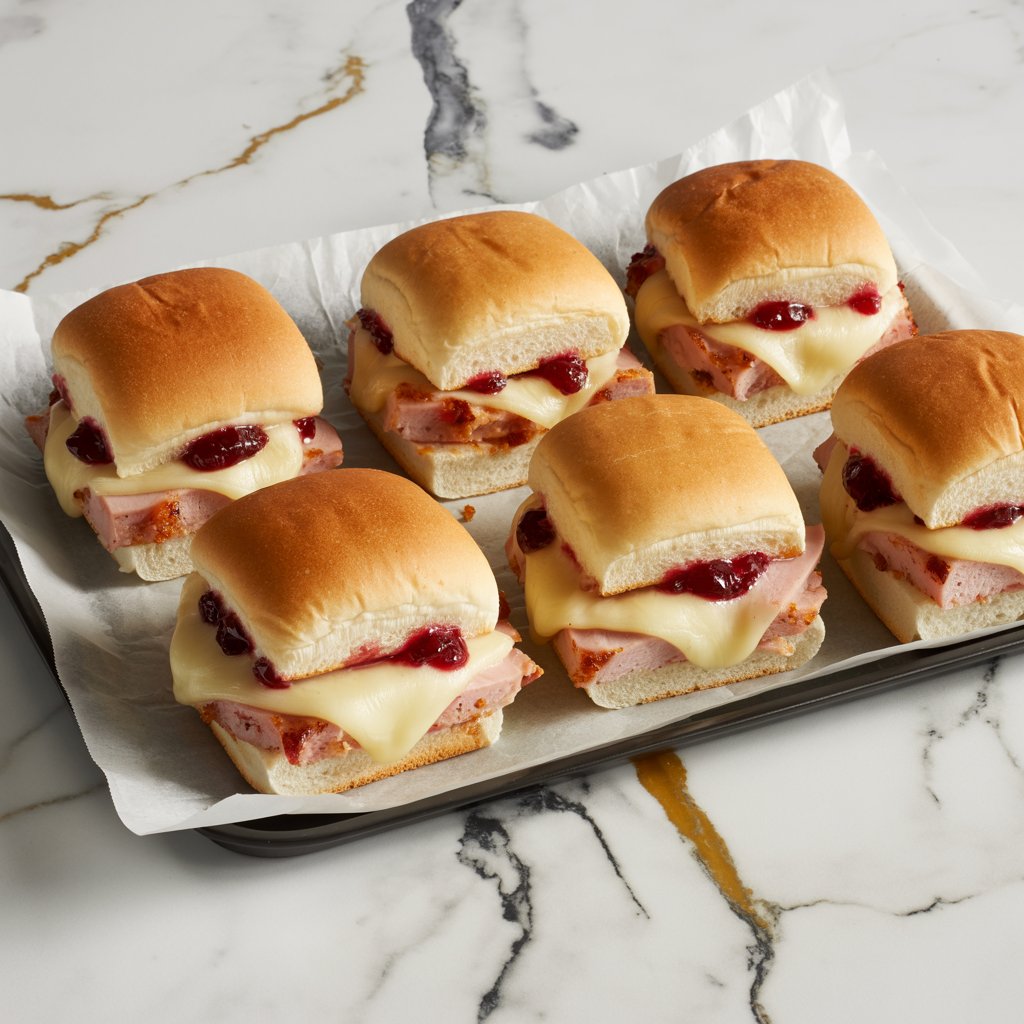 Mini turkey cranberry melts in a baking dish with melted cheese and cranberry sauce.