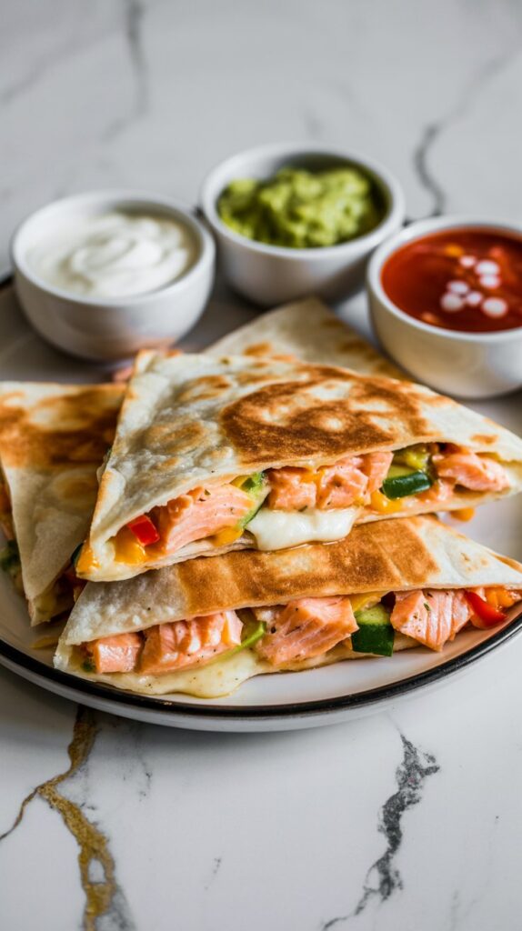 grilled quesadillas filled with canned salmon and veggies surrounded by sauces