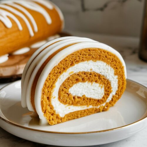 A slice of pumpkin cake roll with swirls of white cream cheese fillnkg and golden orange cake