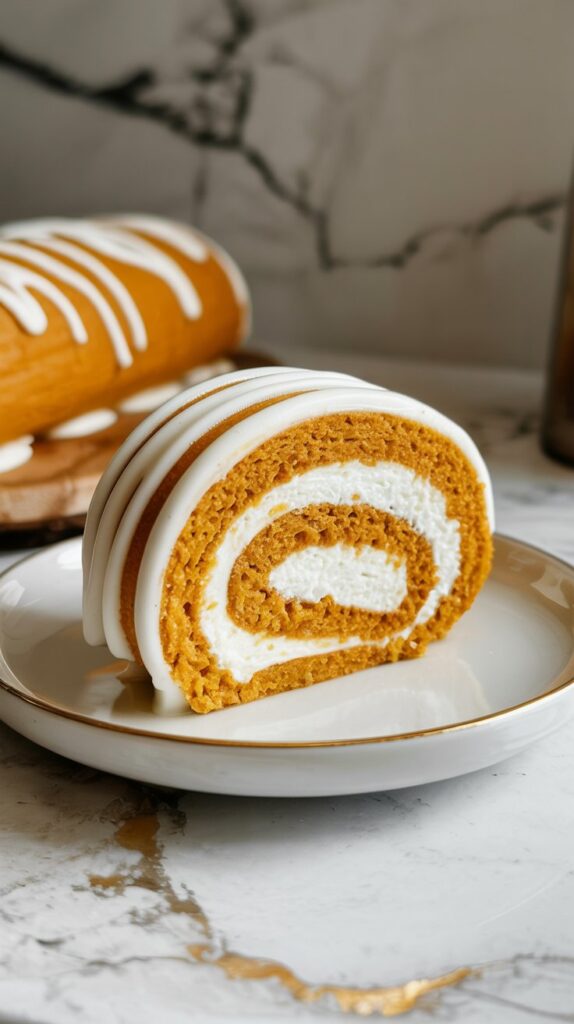A slice of pumpkin cake roll with swirls of white cream cheese fillnkg and golden orange cake
