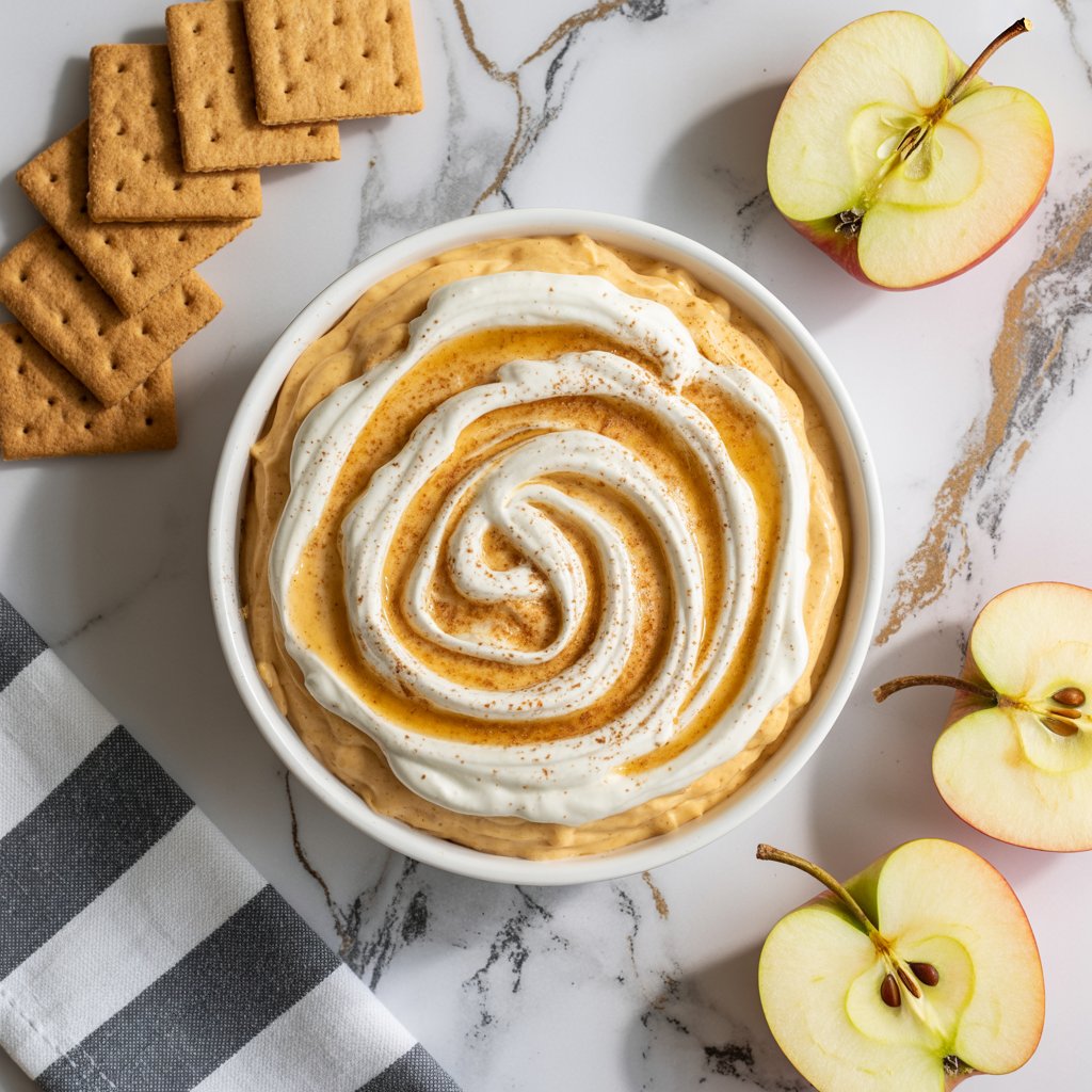 Top-down view of pumpkin spice cheesecake dip with graham crackers and apple slices on the side.