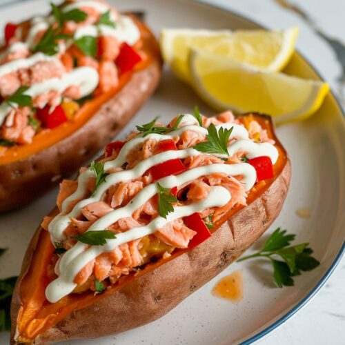 white plate with sweet potatoes halved and filled with canned flaked salmon, tomatoes and dressing garnished with lemon slices