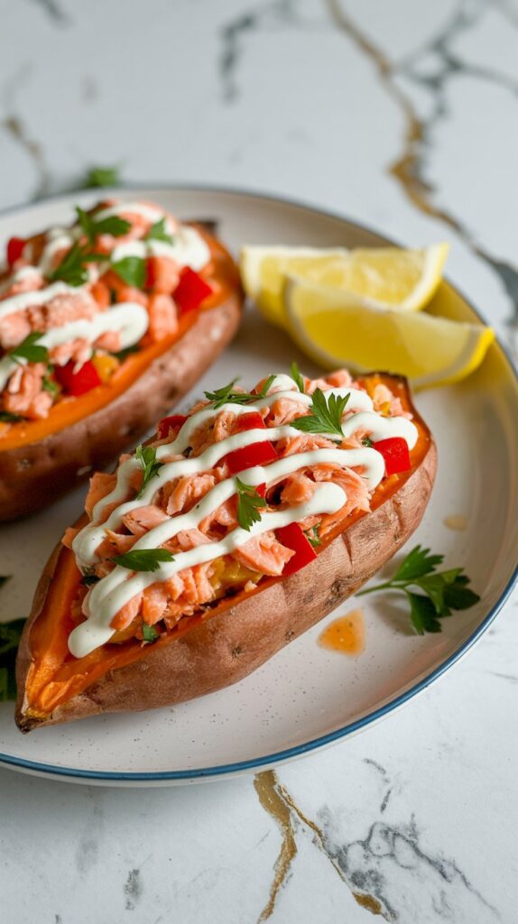 white plate with sweet potatoes halved and filled with canned flaked salmon, tomatoes and dressing garnished with lemon slices