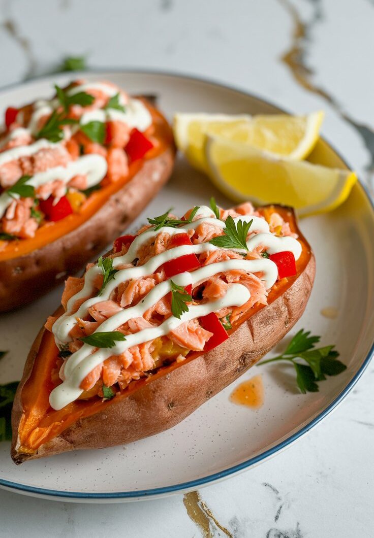 Red Pepper & Canned Salmon Stuffed Sweet Potatoes