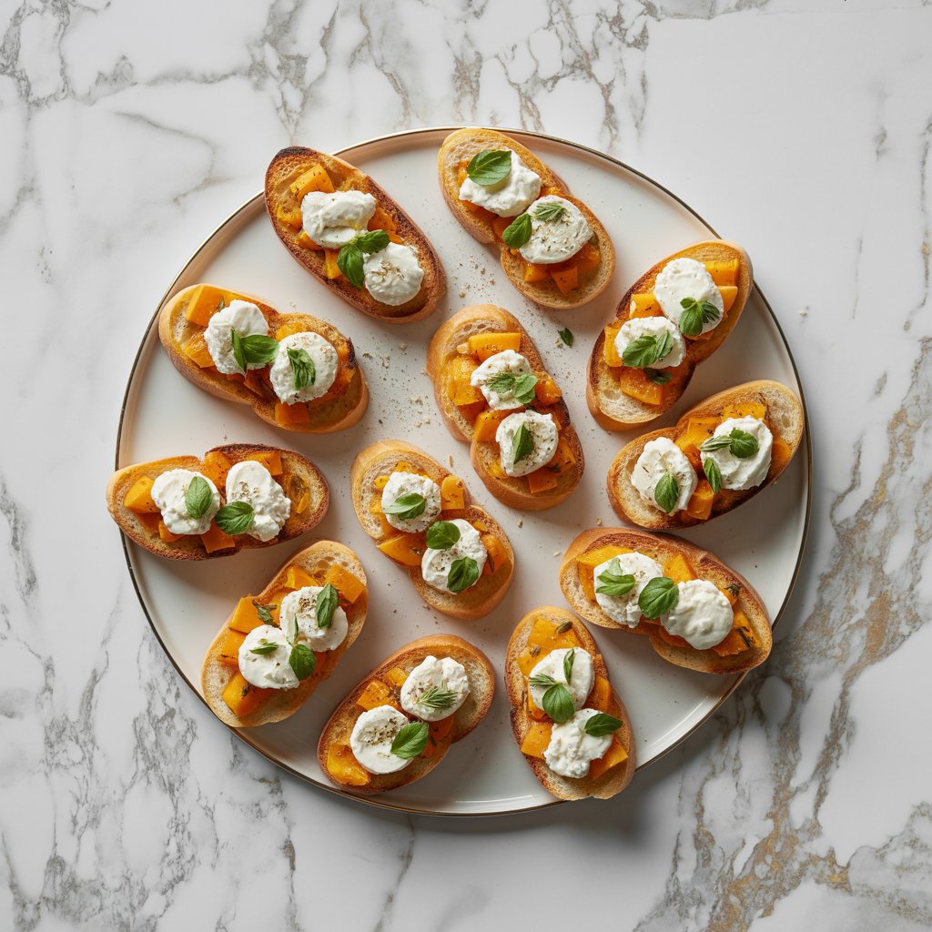 Top-down view of butternut squash bruschetta with goat cheese on toasted baguette slices.