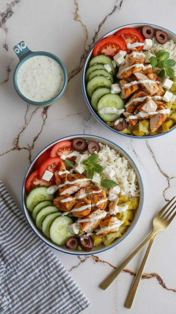 Chicken gyro bowls with rice, cucumber, tomato, olives, and feta drizzled with tzatziki sauce
