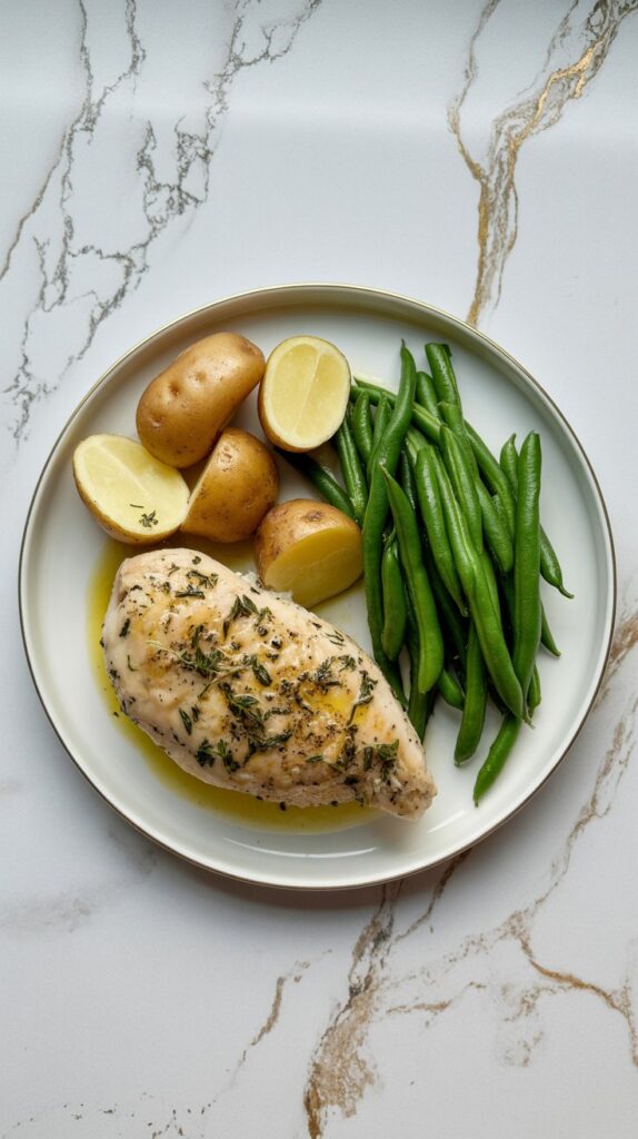 Lemon herb chicken served with baby potatoes and green beans on a dinner plate