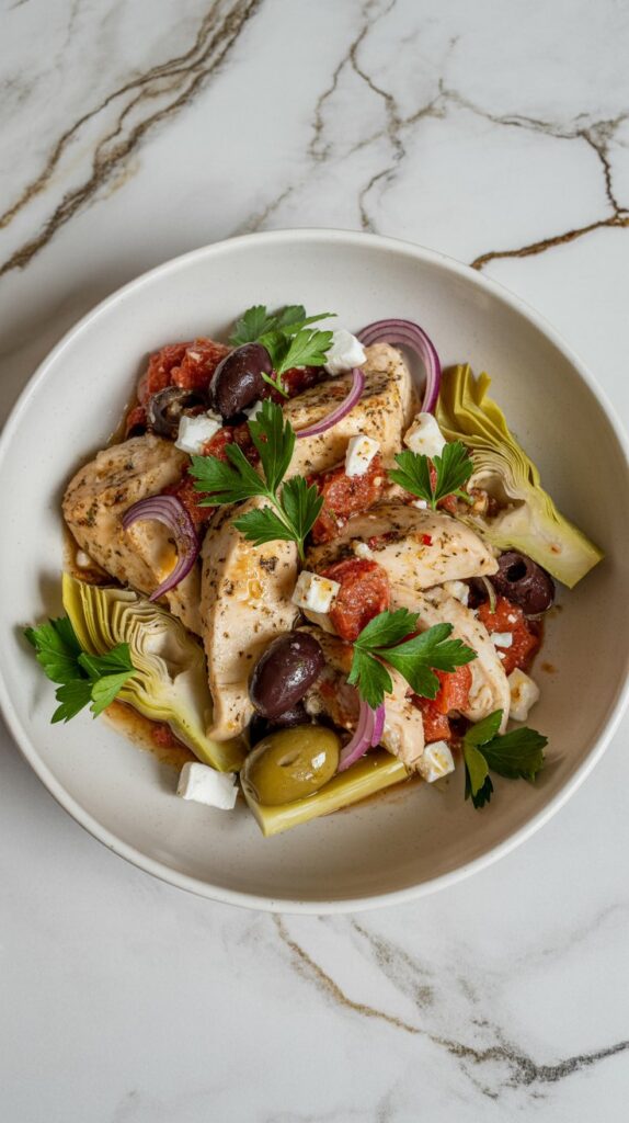 Mediterranean chicken with artichokes, olives, red onion, and feta in a shallow white bowl