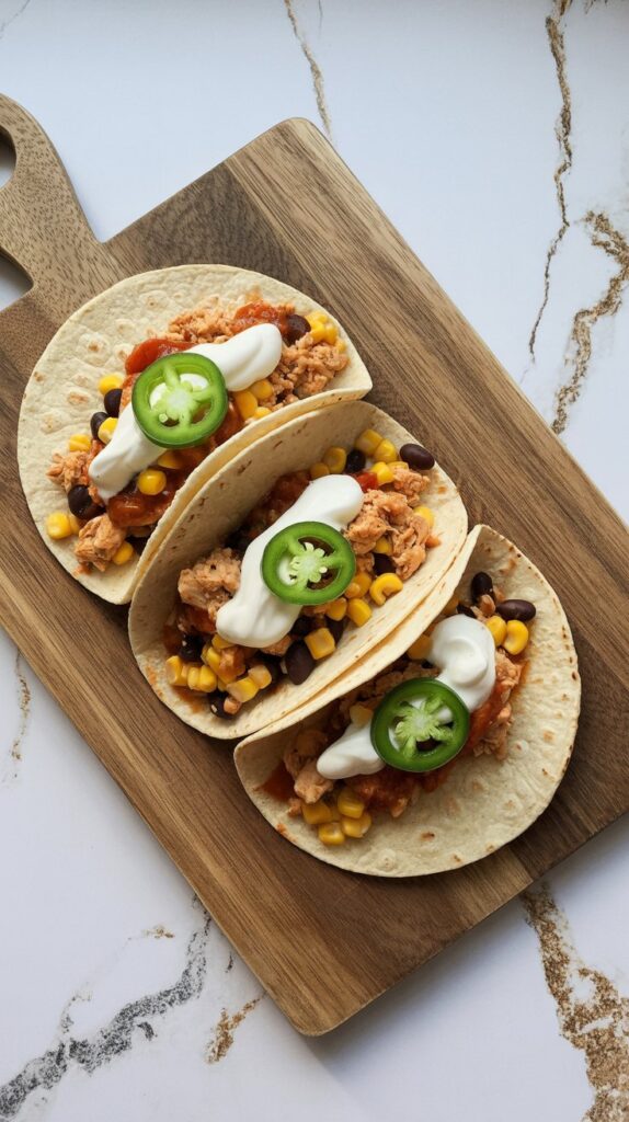 Ground chicken tacos in flour tortillas with black beans, corn, sour cream, and jalapeños, on a wood-look cutting board