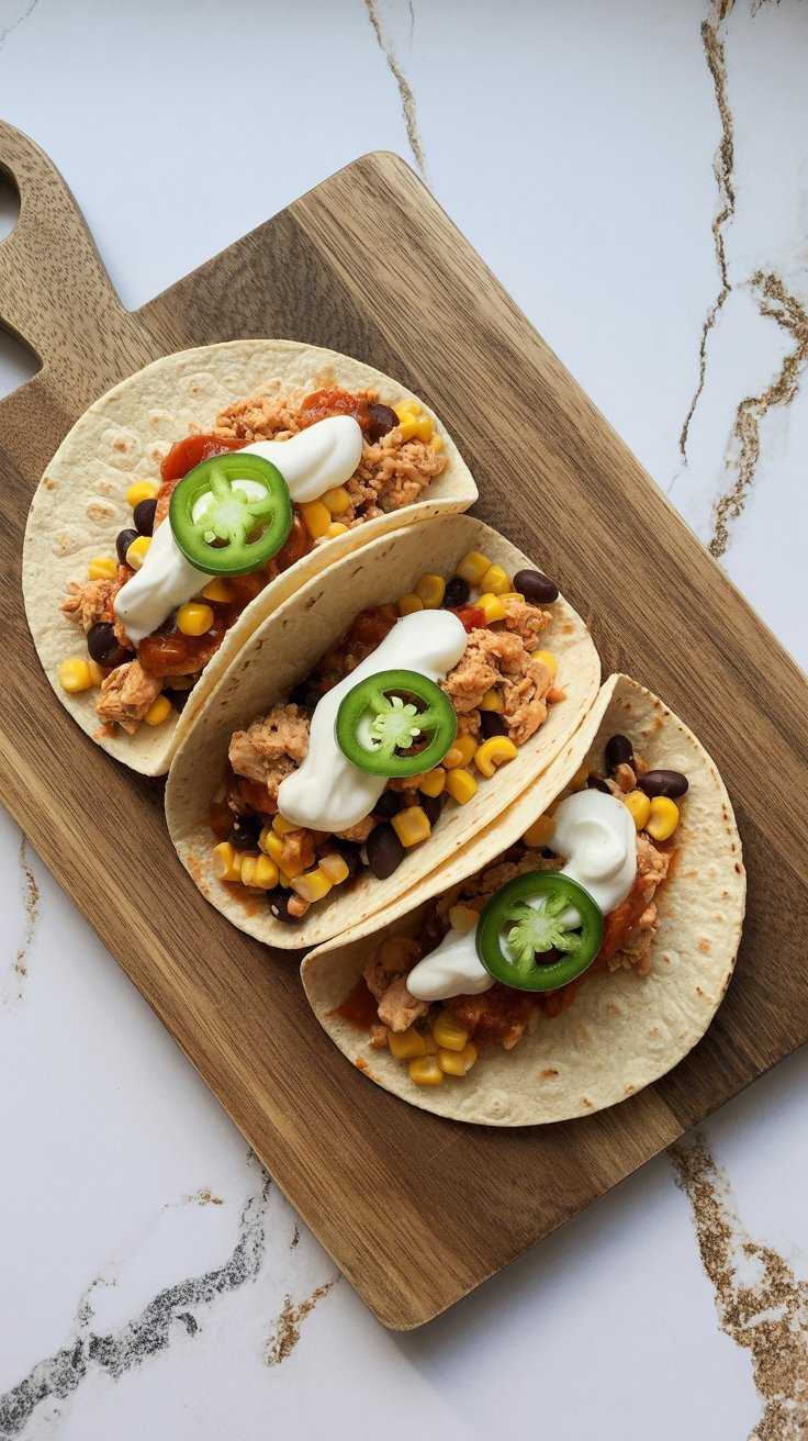 Ground chicken tacos in flour tortillas with black beans, corn, sour cream, and jalapeños, on a wood-look cutting board