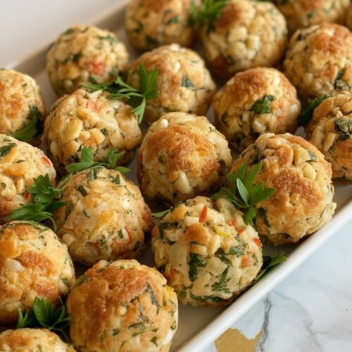 A tray of several stuffing balls mixed with herbs, and seasoned bread crumbs and butter