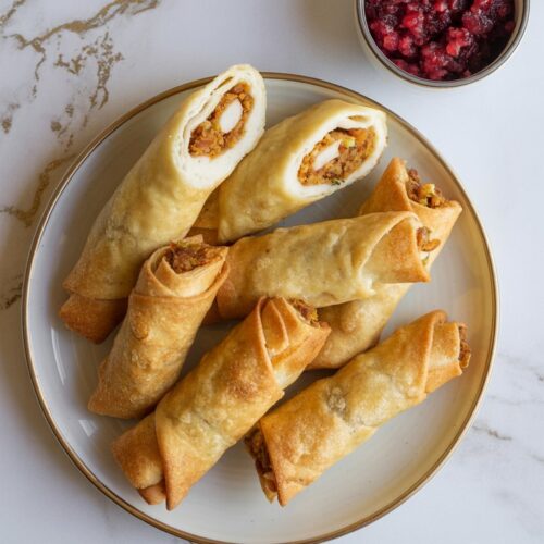 Golden brown Thanksgiving egg rolls cut in half and served with cranberry sauce on the side
