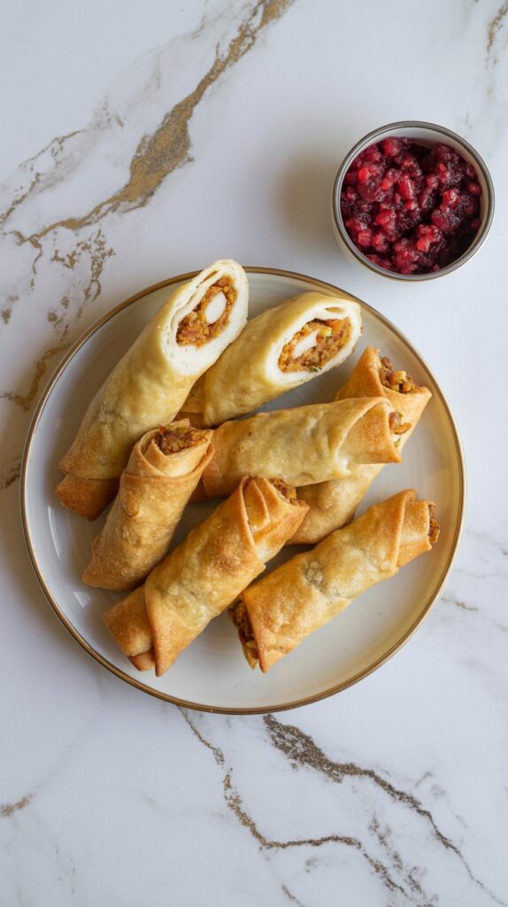 Golden brown Thanksgiving egg rolls cut in half and served with cranberry sauce on the side