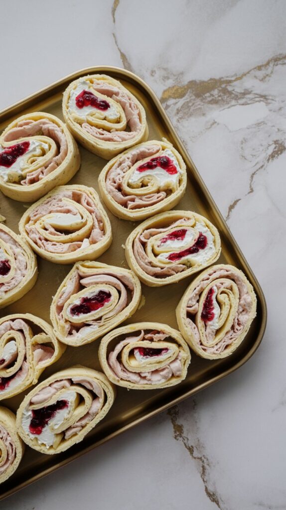 Turkey and cranberry pinwheels arranged on a serving tray, ready to serve