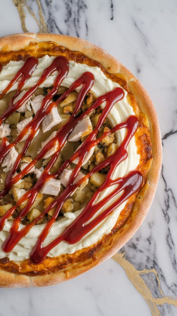 Thanksgiving pizza topped with turkey, stuffing, cheese, and cranberry drizzle