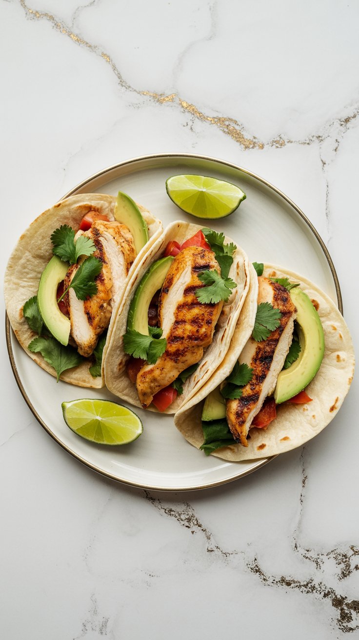 Three grilled chicken thigh tacos in corn tortillas, topped with avocado and cilantro, served on a white plate with lime wedges