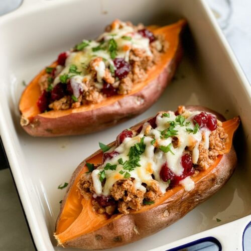 a white dish with 2 halved and b akced sweet potatoes stuffed with ground turkey, cranberry sauce and melted cheese