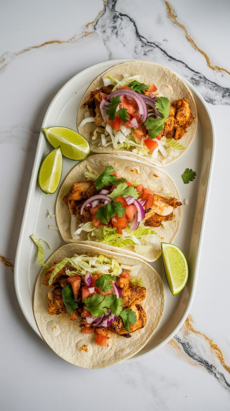 Skillet-cooked chicken tacos in flour tortillas topped with lettuce, tomato, onion, and cilantro on a white oval tray with lime wedges