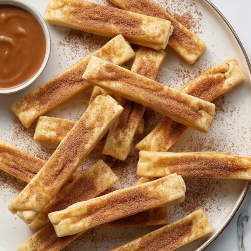 Overhead view of golden-brown baked pie crust fries, flat and rectangular, dusted with cinnamon sugar. Served with a small bowl of caramel dipping sauce on the side.