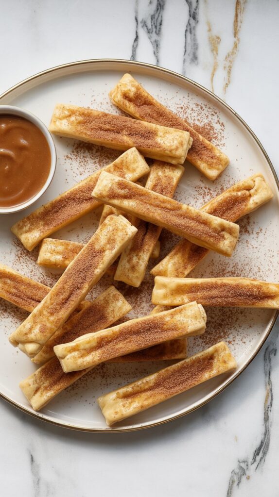 Overhead view of golden-brown baked pie crust fries, flat and rectangular, dusted with cinnamon sugar. Served with a small bowl of caramel dipping sauce on the side.
