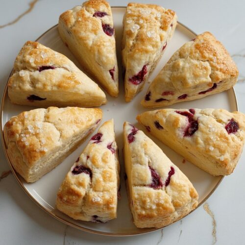 8 cranberry scones in a circle with golden crust and some cranberries peeking out