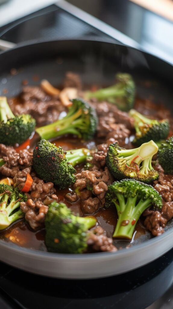 skillet filled with browned ground beef in sauce along with broccoli