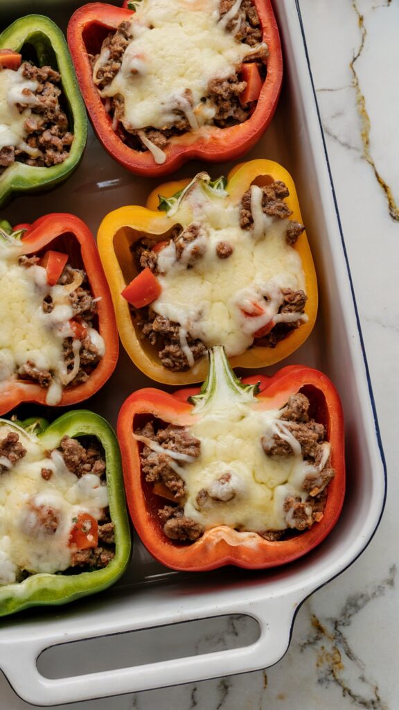 a baking dish with 6 stuffed pepper halves stuffed with ground beef and melted cheese