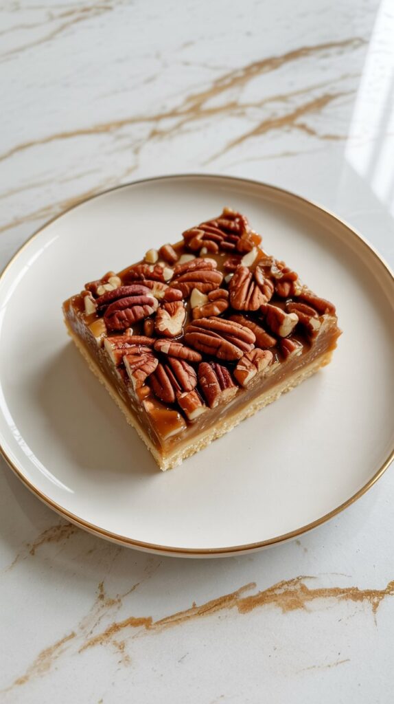 one pecan pie bar with chopped pecans on top