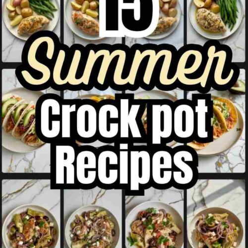 a collage showcasing several different light summer crock pot recipes text reads "15 Summer Crock Pot Recipes)