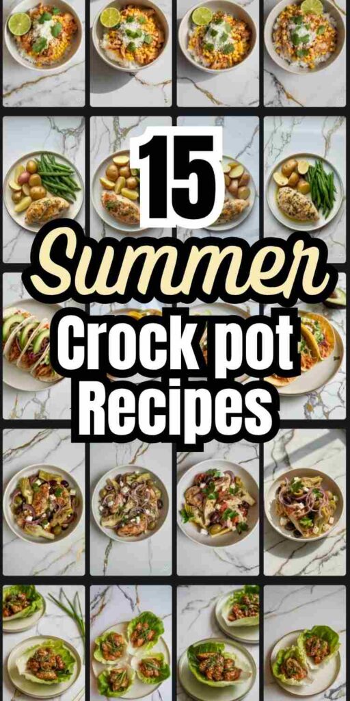a collage showcasing several different light summer crock pot recipes text reads "15 Summer Crock Pot Recipes)