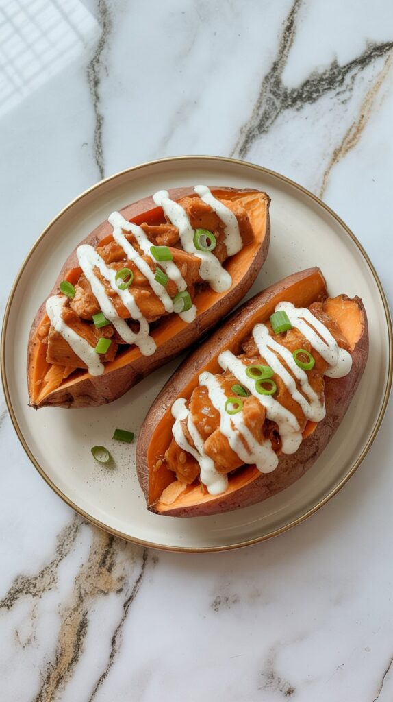 two roasted sweet potatoes stuffed with BBQ chicken, drizzled with ranch and topped with green onions,