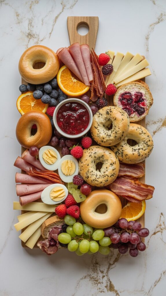 A Friendsgiving brunch board on a white quartz countertop, filled with mini bagels, bacon egg bites, cranberry scones, hard-boiled eggs, sliced ham, cheese, grapes, berries, and orange slices.