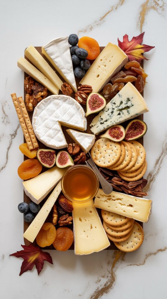A full cheese charcuterie board on white quartz, loaded with wedges of brie, cheddar, goat cheese, blue cheese, crackers, honey, dried figs, apricots, and candied nuts, surrounded by subtle fall decorations.