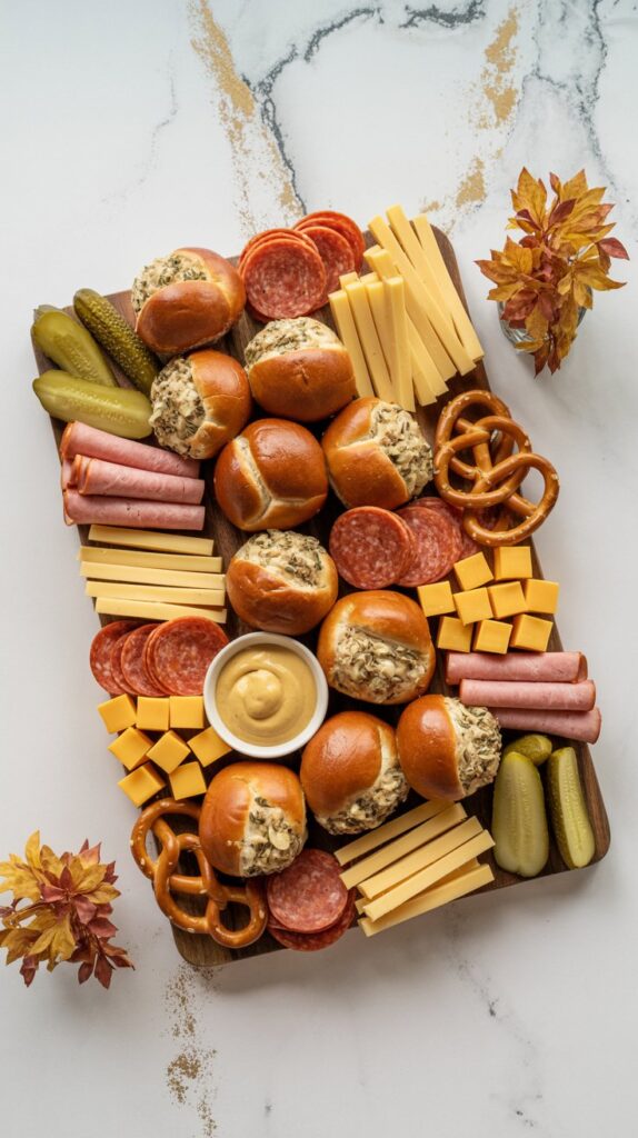 A comfort food charcuterie board on a white quartz counter, topped with mini ham and cheese rolls, pretzels, pepperoni slices, cheddar cubes, pickles, and a small bowl of mustard, with warm-toned fall accents.