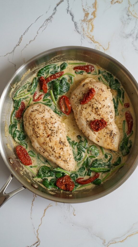 creamy Tuscan garlic chicken with two chicken breasts in a skillet, surrounded by sun-dried tomatoes and wilted spinach,