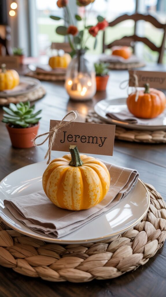 A charming Friendsgiving table featuring mini pumpkin place cards, and soft lighting on a festive fall setting.
