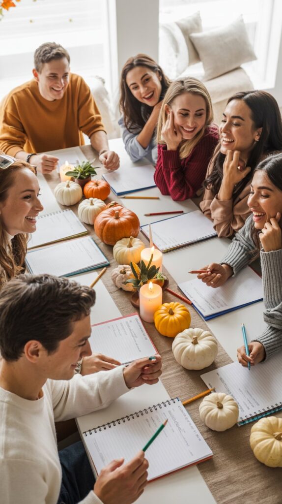 Six to eight friends playing trivia in teams around a well-lit fall-themed table with pencils and blank paper, enjoying a casual Friendsgiving game night.