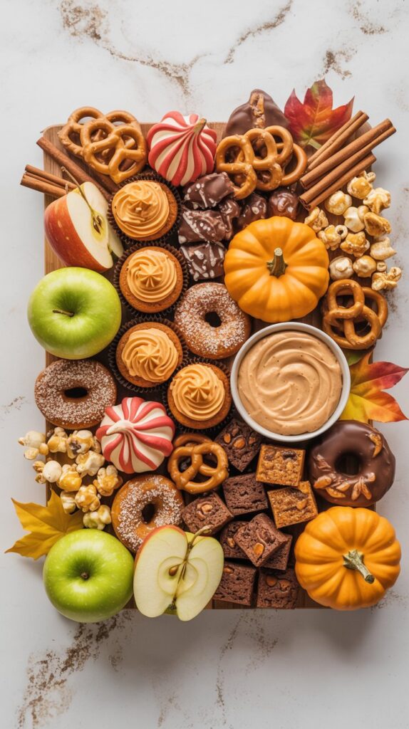 A vibrant dessert charcuterie board arranged on a white quartz counter, piled with sliced apples, mini pumpkin cupcakes with orange frosting, brownie bites, donut holes, chocolate-covered pretzels, caramel popcorn, red and white meringues, and a bowl of pumpkin dip, with fall leaves and pumpkins around the edges.
