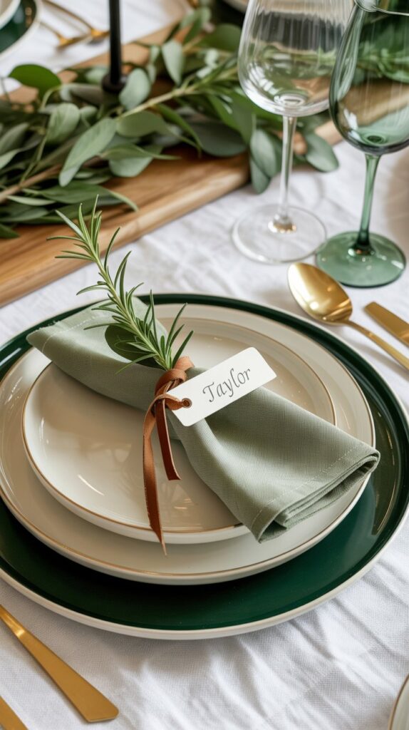 An elegant Friendsgiving table with forest green and ivory place settings, layered plates, cloth napkins with name tags and rosemary sprigs.