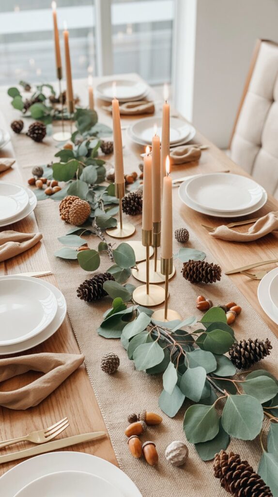 A rustic Friendsgiving tablescape with a white runner, eucalyptus garland, pinecones, acorns, and brass candle holders with taper candles.