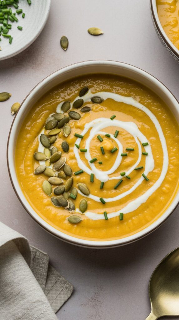 A top view of a bowl of sabocha squash soup with a swirl of cream and garnished with pepitas