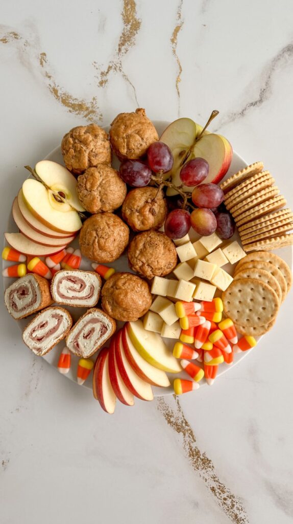 A cheerful, kid-friendly charcuterie board on a white quartz surface, packed with turkey roll-ups, mini muffins, apple slices, cheese cubes, crackers, grapes, and colorful candy corn.