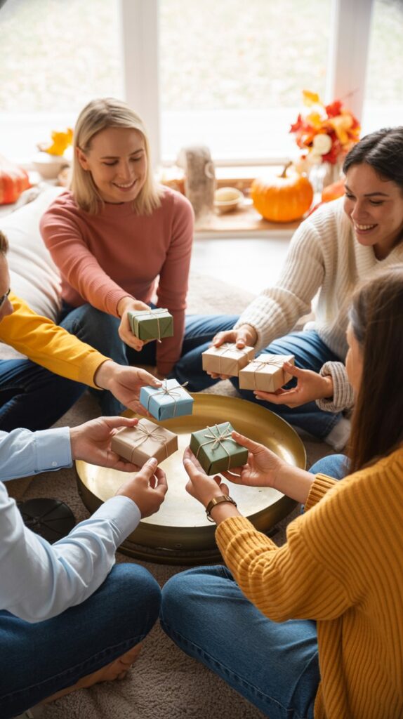 Friends sitting in a circle, passing small wrapped gifts around in a bright room with warm autumn decor and soft candlelight.