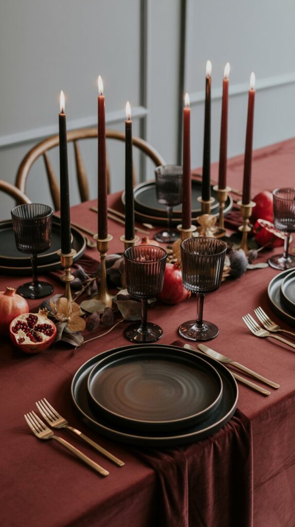 Dramatic Friendsgiving table with a deep burgundy tablecloth, matte black plates, gold-rimmed glassware, brass flatware, and a centerpiece of black and burgundy taper candles surrounded by pomegranate halves and dried florals, all glowing in soft candlelight