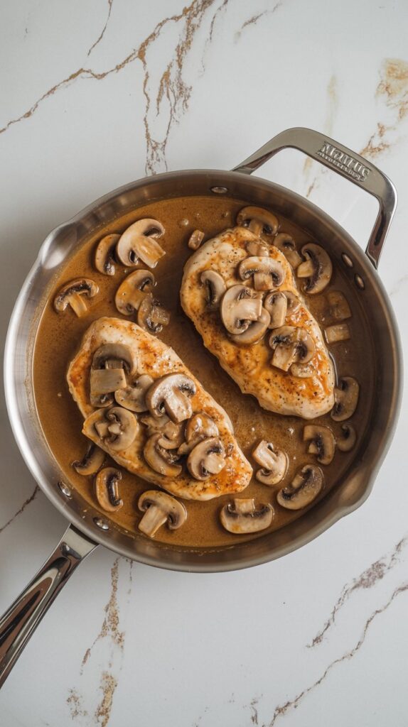 Chicken marsala with golden chicken cutlets and mushrooms in sauce, served in a stainless skillet on a white quartz countertop with grey and gold veining.