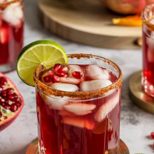 Festive pomegranate margarita in a cinnamon sugar-rimmed glass, topped with pomegranate seeds and a lime wedge, set on a fall-themed table.
