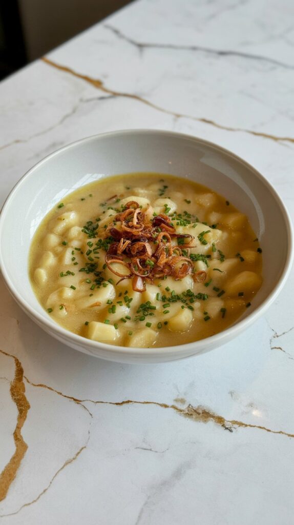 Closeup of roasted garlic onion potato soup in a white bowl garnished with crispy shallots and fresh chives