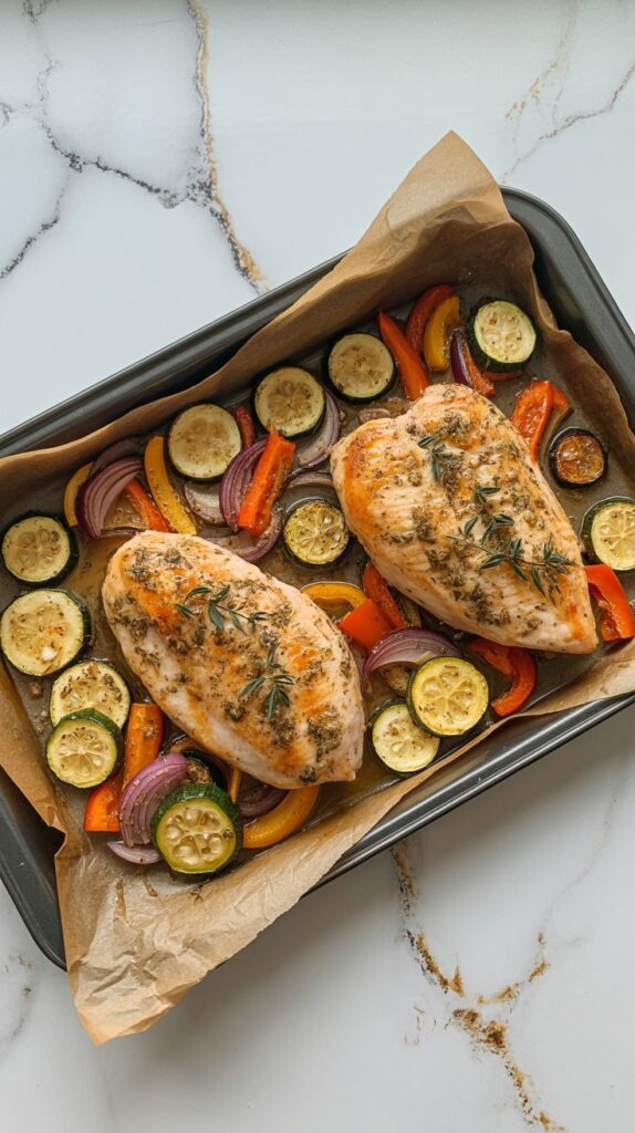 Roasted lemon herb chicken breasts with zucchini, bell pepper, and red onion on a parchment-lined sheet pan, set on a white quartz countertop with subtle grey and gold veining.